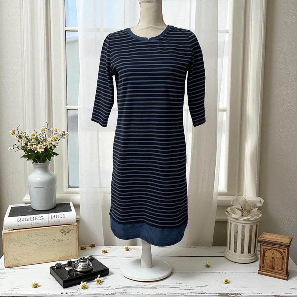 J. Jill Blue Striped French Minimalist Preppy Coastal Casual Shift Dress XS‎